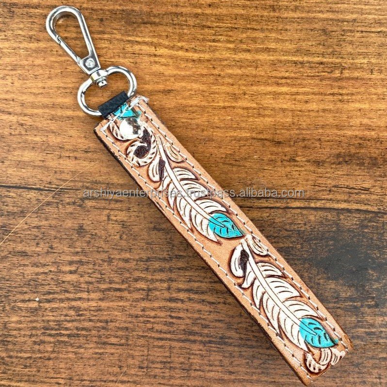 Stylish Turquoise & White Feather Tooled Wristlet Leather Keychain Embossed Floral Print Leather Accessories Cute Key Chains