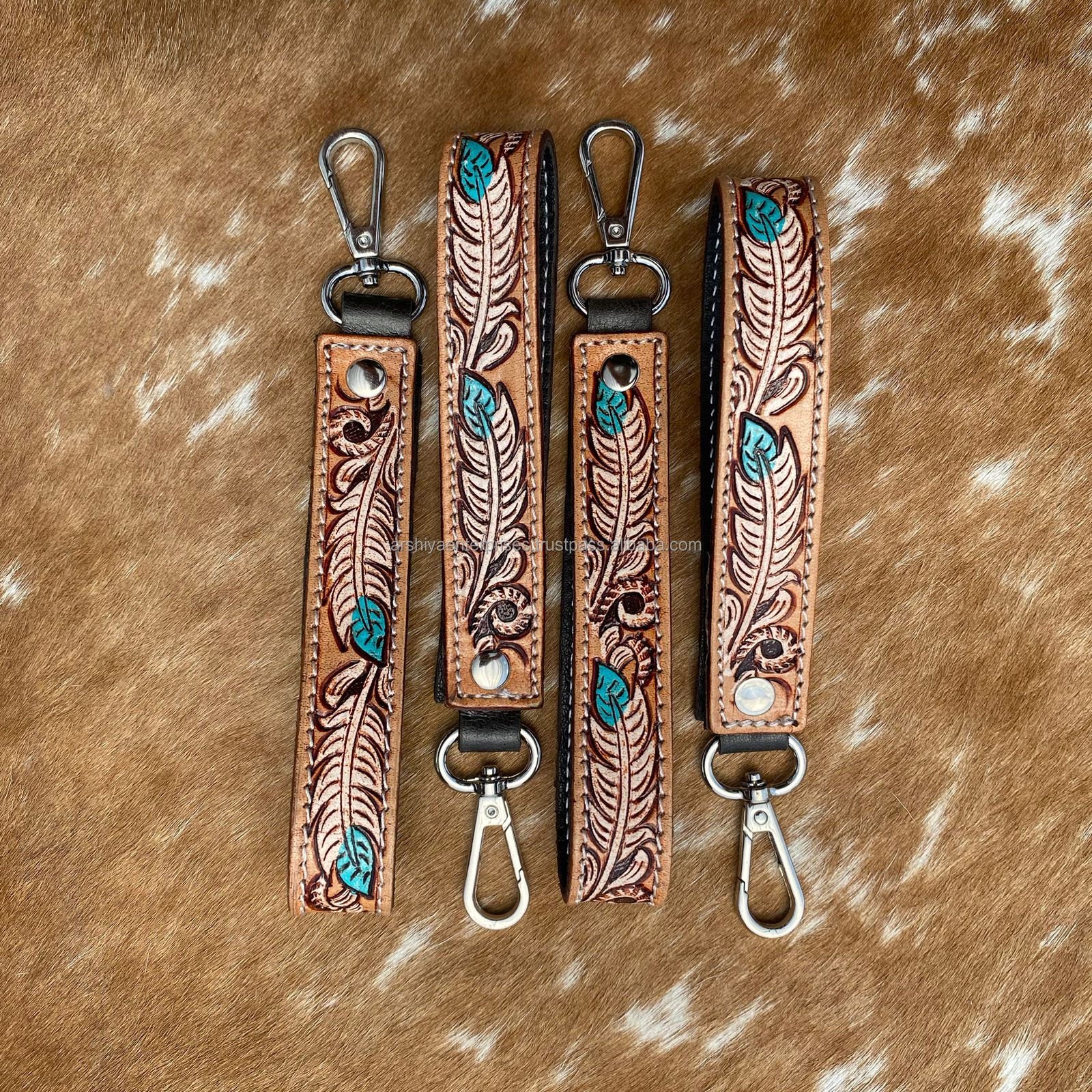 Stylish Turquoise & White Feather Tooled Wristlet Leather Keychain Embossed Floral Print Leather Accessories Cute Key Chains