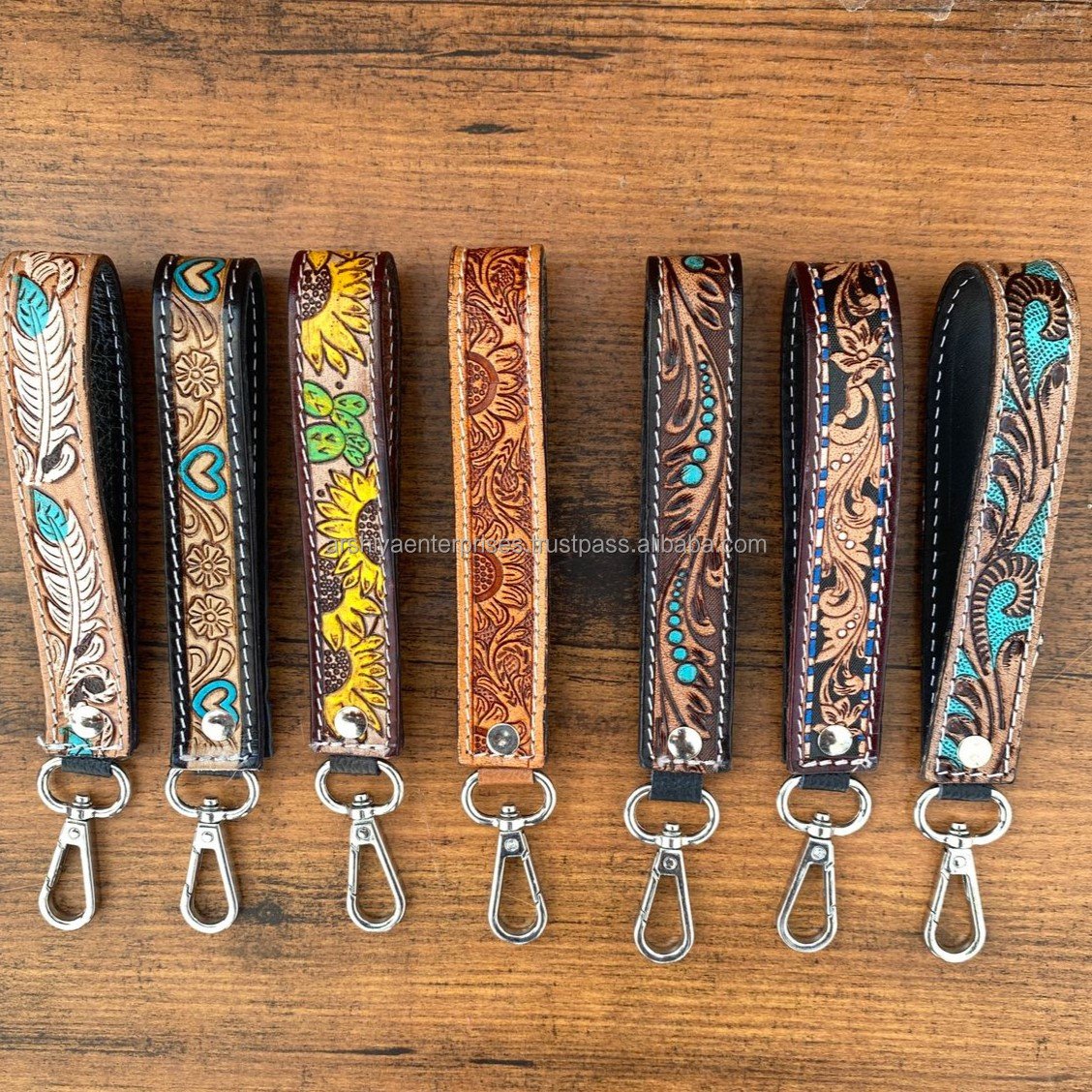 Stylish Turquoise & White Feather Tooled Wristlet Leather Keychain Embossed Floral Print Leather Accessories Cute Key Chains