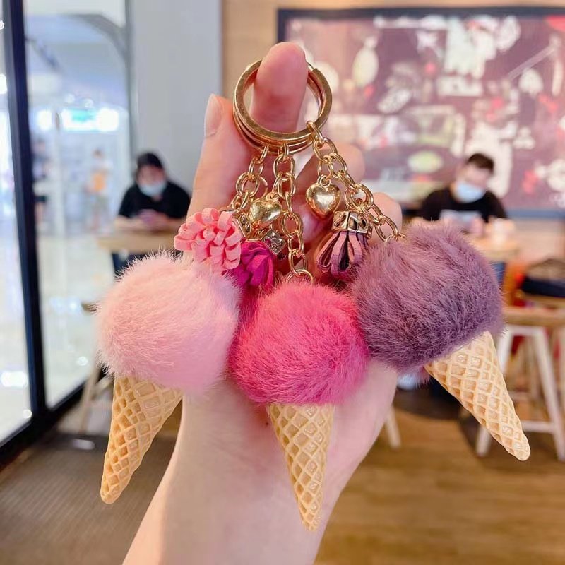 Wholesale Multicolor Furry Cute Ice Cream Tassel Pendants Keyring Women Bag Car Key Accessories Fur Pom Pom Ball Keychain