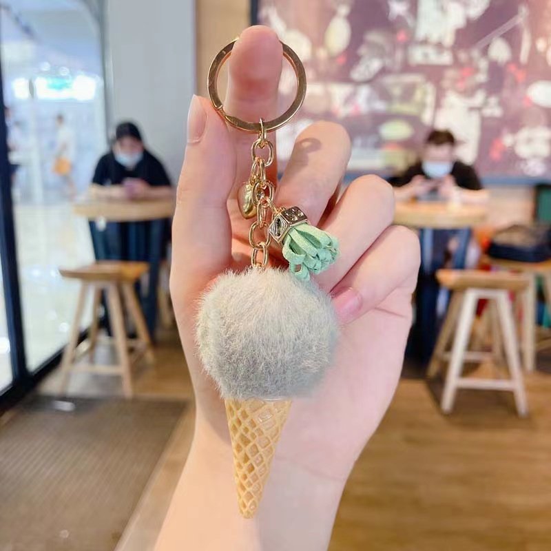 Wholesale Multicolor Furry Cute Ice Cream Tassel Pendants Keyring Women Bag Car Key Accessories Fur Pom Pom Ball Keychain
