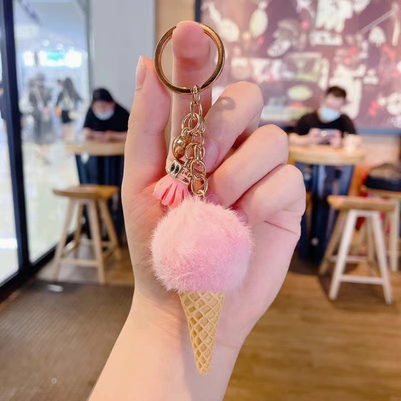Wholesale Multicolor Furry Cute Ice Cream Tassel Pendants Keyring Women Bag Car Key Accessories Fur Pom Pom Ball Keychain