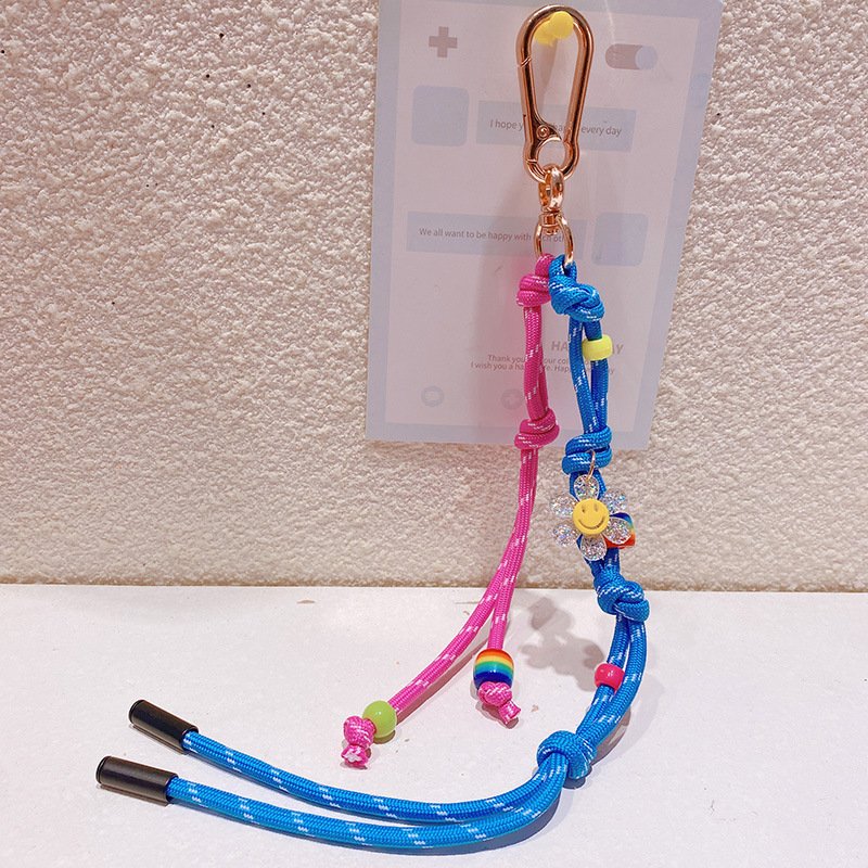 2024 Hot Sale Korean Cute DIY Rainbow Beads Handmade Braided Rope Keyrings Customize Women Handbags Decorations Car Key Chains