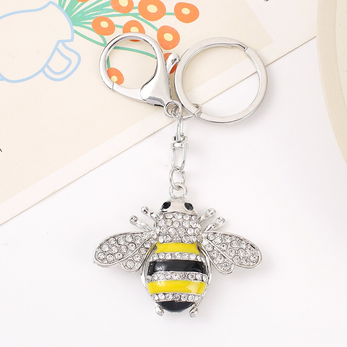 Yellow Enamel Bee Key Chain Car Accessory Rhinestone Honey Bee Pendant Keychain For Girl