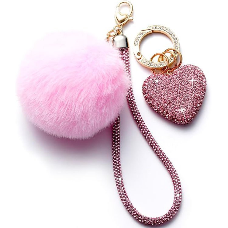 Bling 3pcs/set Key chain Accessories Girly Wristlet Keychain Set Heart Pompom Wristlet Kit Keychain Handbag Pendant For Women