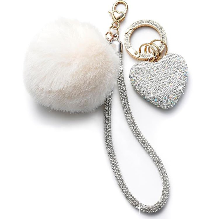 Bling 3pcs/set Key chain Accessories Girly Wristlet Keychain Set Heart Pompom Wristlet Kit Keychain Handbag Pendant For Women