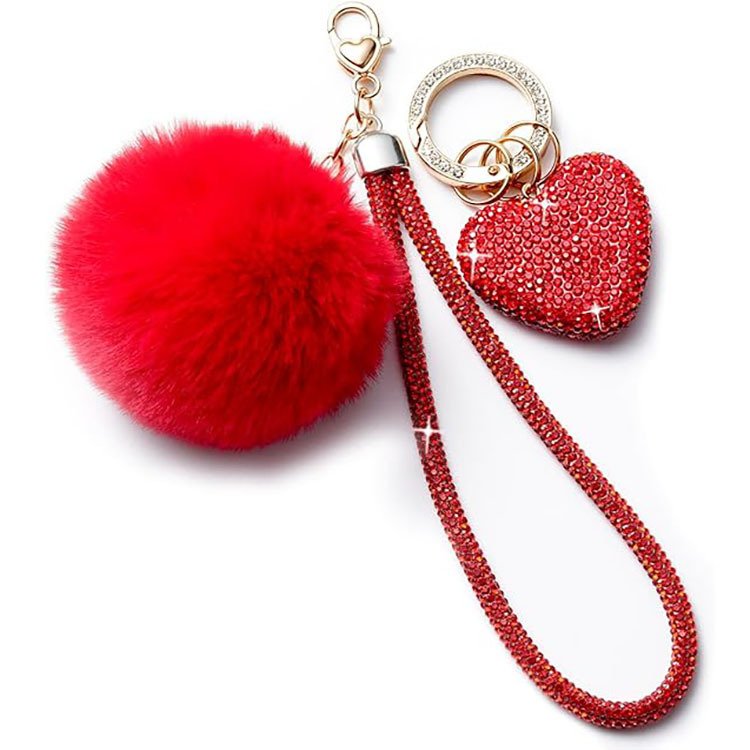 Bling 3pcs/set Key chain Accessories Girly Wristlet Keychain Set Heart Pompom Wristlet Kit Keychain Handbag Pendant For Women