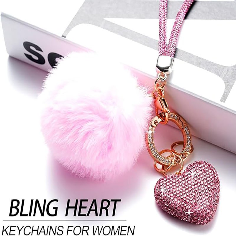 Bling 3pcs/set Key chain Accessories Girly Wristlet Keychain Set Heart Pompom Wristlet Kit Keychain Handbag Pendant For Women