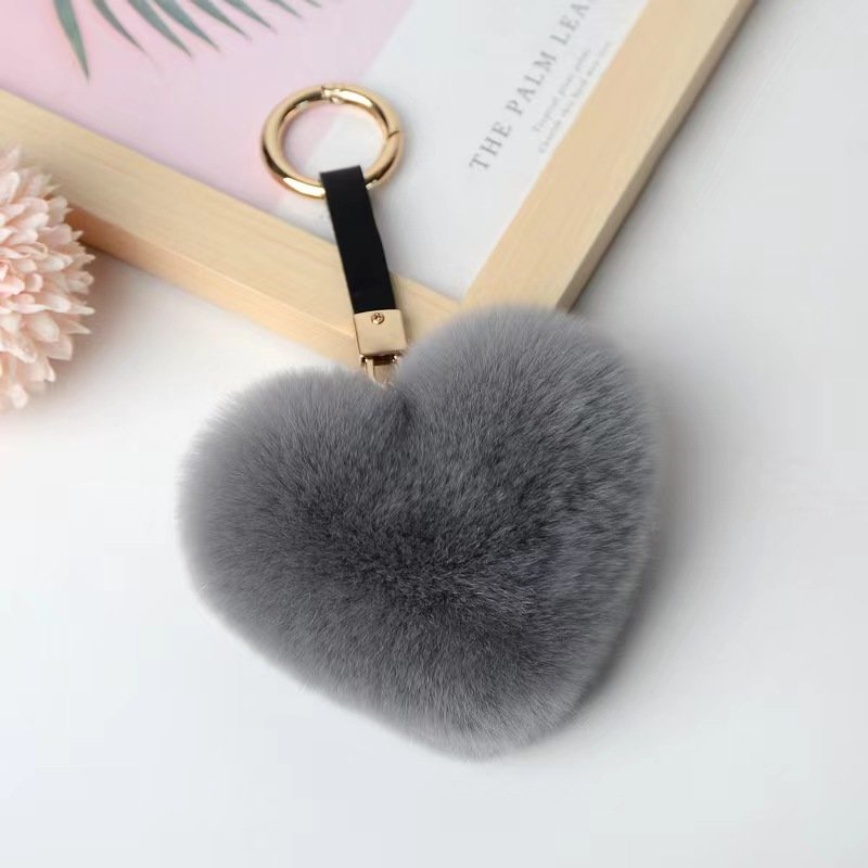 10cm Hot Fluffy Love Heart Pom Pom Keychain Women's Colored Rex Rabbit Fur Metal PU Bag Charm Key Ring Jewelry Accessories