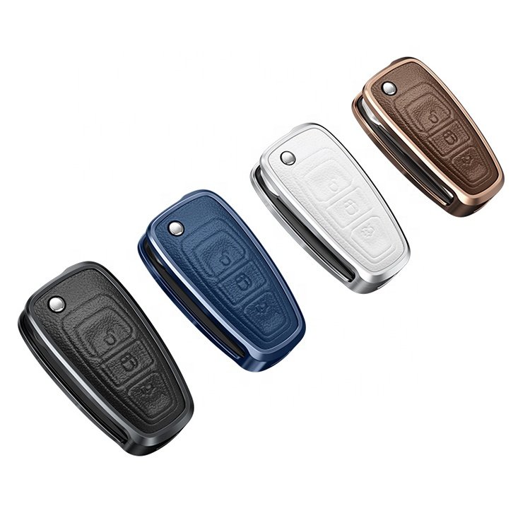 Car Accessories Remote Key Fob Holder Aluminum Alloy genuine Leather Car Key Cover Hot Sale Fashion Key Case Shell for Ford