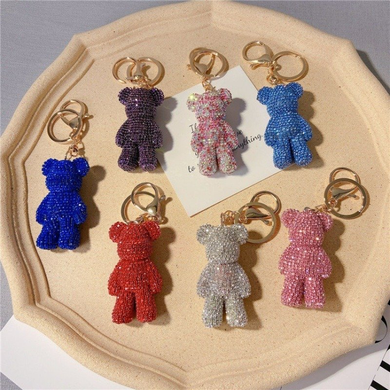 Cute Rhinestone Bear Keychain Bling Glitter Car Violent Bear Key Chain Accessories 3D Violent Crystal Teddy Bear Keychains