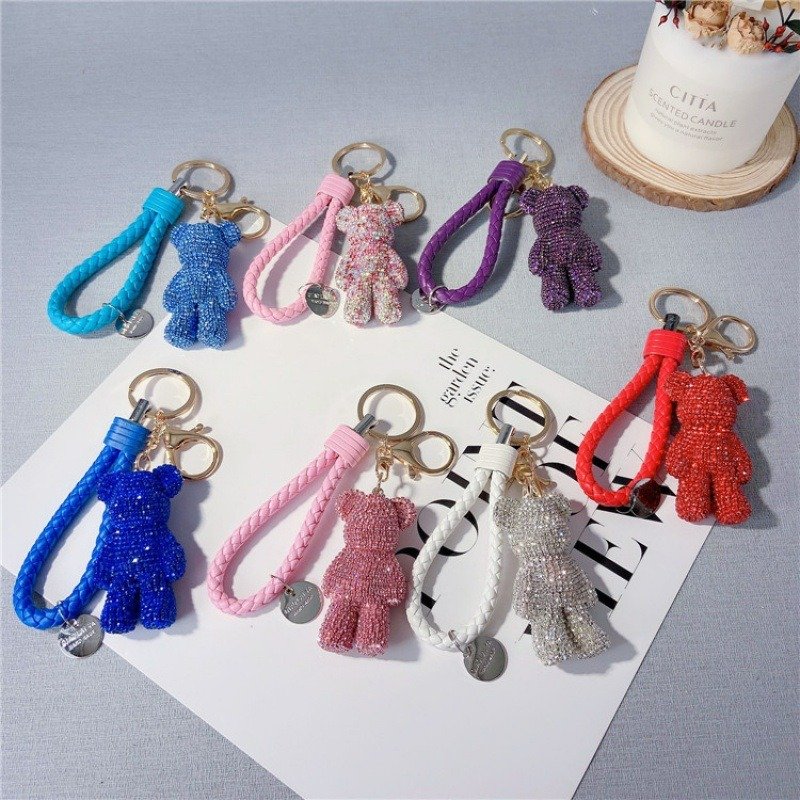 Cute Rhinestone Bear Keychain Bling Glitter Car Violent Bear Key Chain Accessories 3D Violent Crystal Teddy Bear Keychains