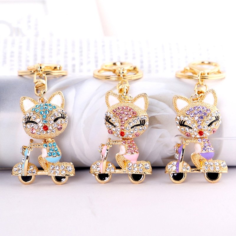 Fashion Fox Cycling Keychain Lovely Bling Crystal Animals Key Chains Women Bag Accessories Charm Pendant Motorcycle Fox Keychain