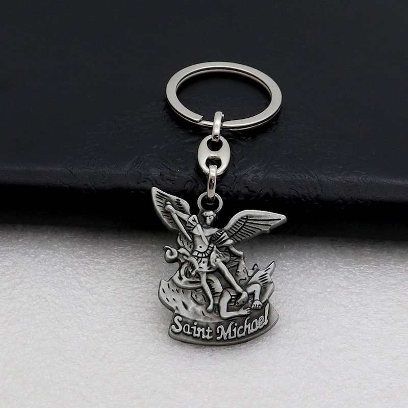 Saint Michael Keychain Silver Metal Men Keyholder Catholic Gifts Car Bag Accessory St.Micheal Keyring
