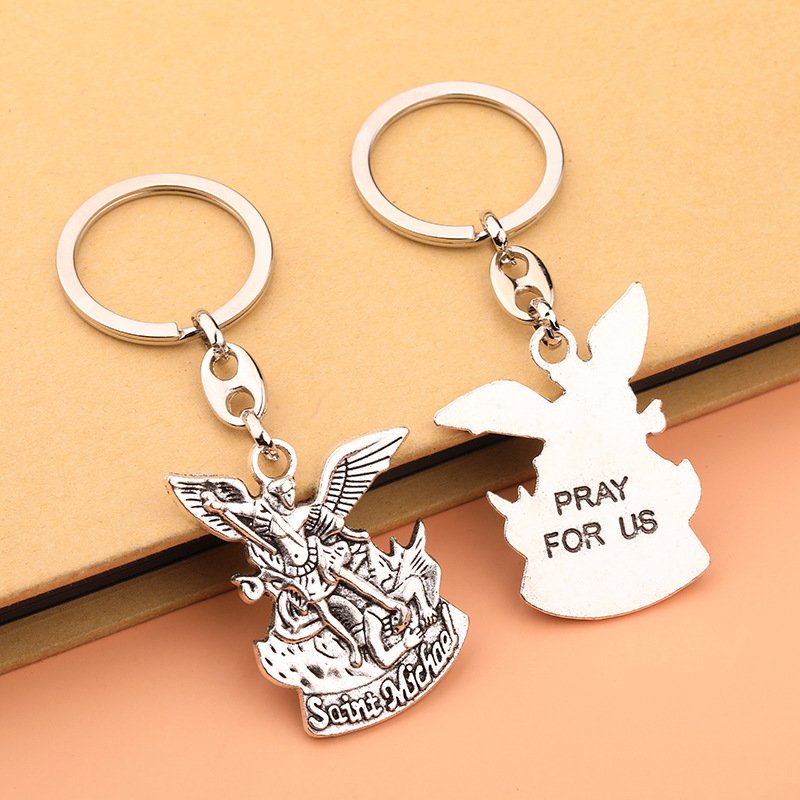 Saint Michael Keychain Silver Metal Men Keyholder Catholic Gifts Car Bag Accessory St.Micheal Keyring