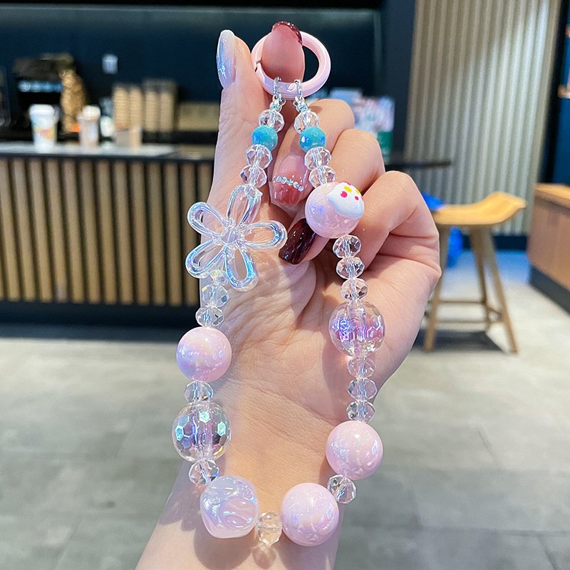 Cute Cartoon Handmade Acrylic Beaded Bracelet Keychain Mobile Phone Chain Charm Accessories Car Keychain phone ring