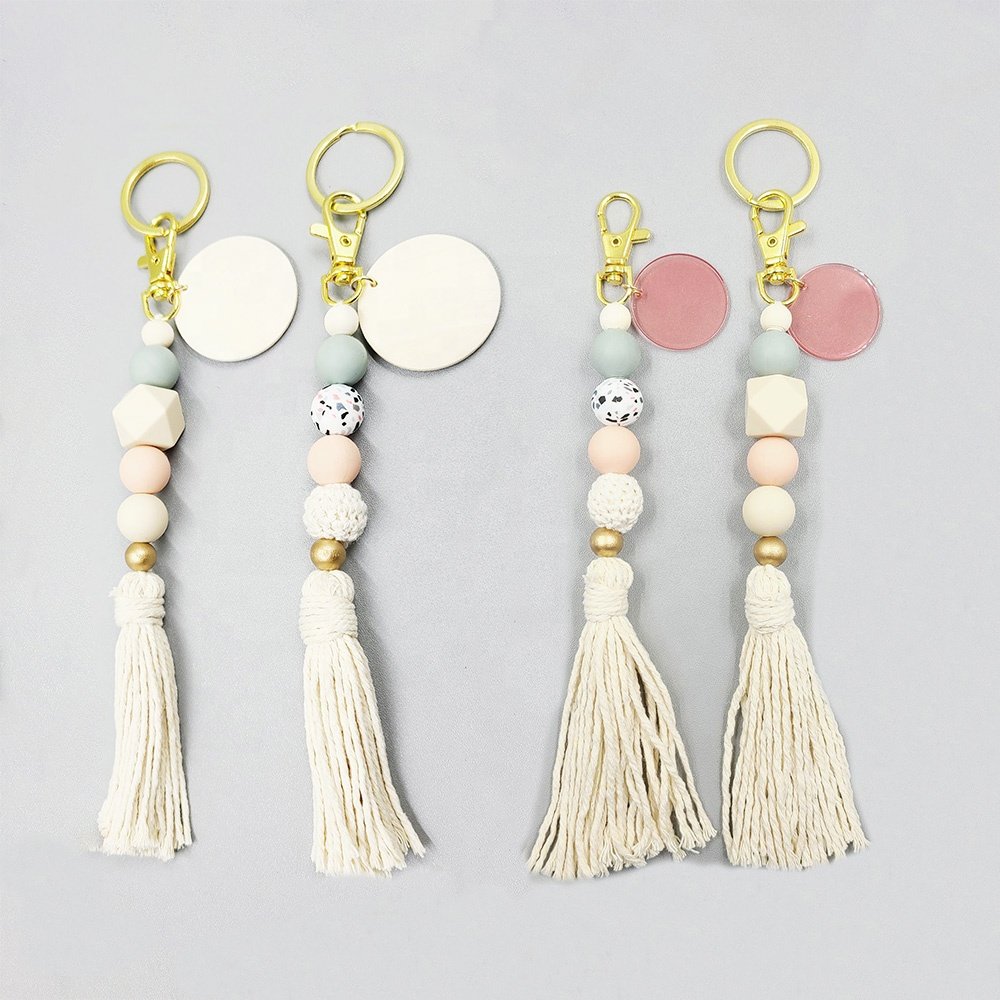 Portable House Car Keys Ring Holder Monogrammed wood acrylic disk Knitting floral Silicone beaded Keychain with macrame
