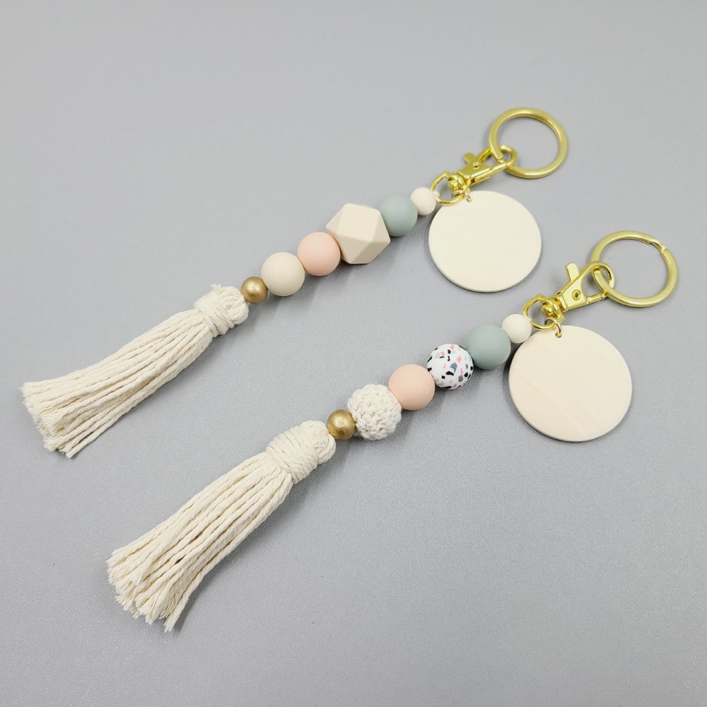 Portable House Car Keys Ring Holder Monogrammed wood acrylic disk Knitting floral Silicone beaded Keychain with macrame