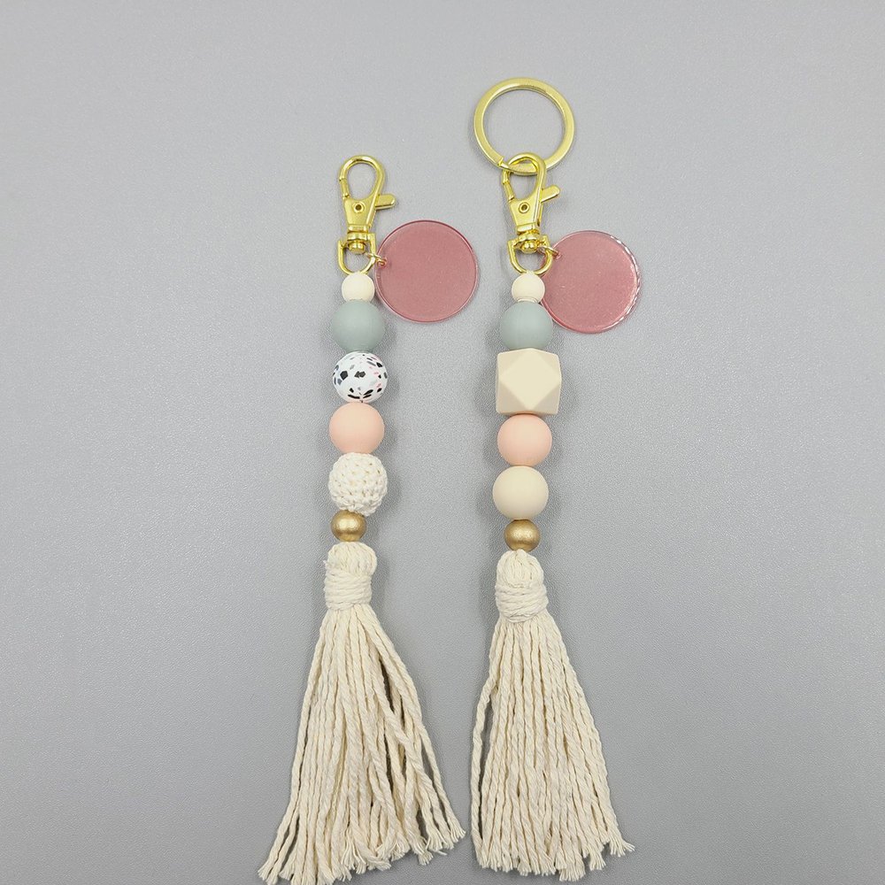 Portable House Car Keys Ring Holder Monogrammed wood acrylic disk Knitting floral Silicone beaded Keychain with macrame
