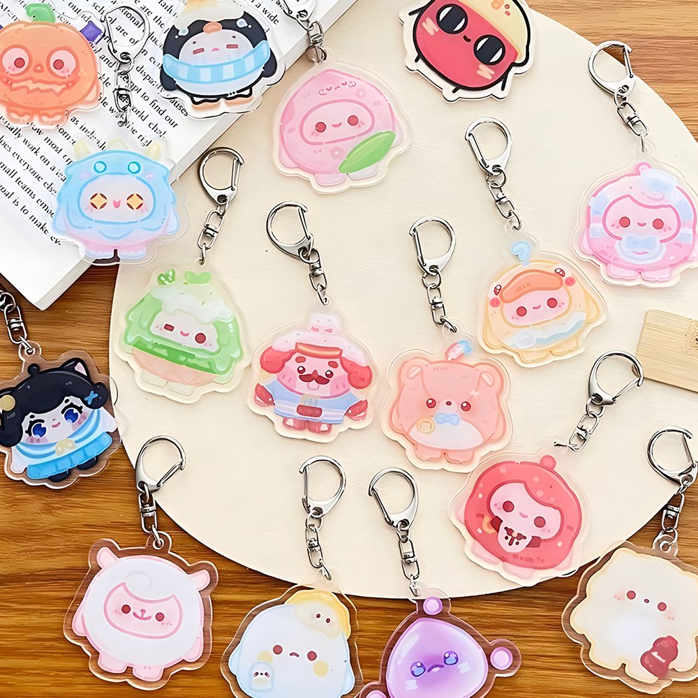 custom double print plastic charms clear glitter epoxy hologram acrylic keychain wholesale cute key chain acrylic pendant