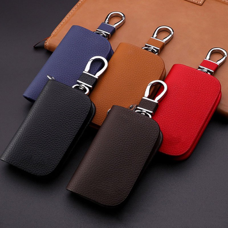 OEM Car key case PU leather lychee grain full coverage hidden zipper bag logo custom protection key accessories anti-lost gift