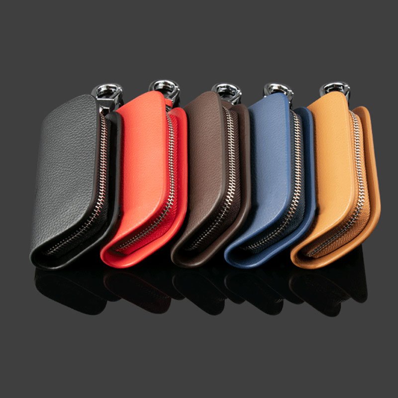 OEM Car key case PU leather lychee grain full coverage hidden zipper bag logo custom protection key accessories anti-lost gift