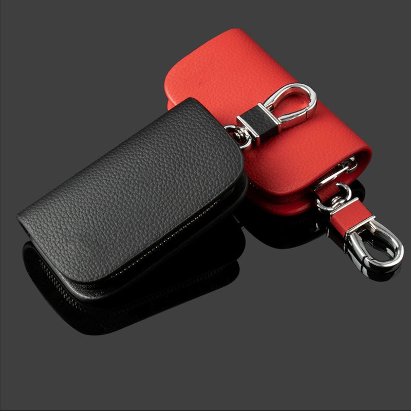 OEM Car key case PU leather lychee grain full coverage hidden zipper bag logo custom protection key accessories anti-lost gift