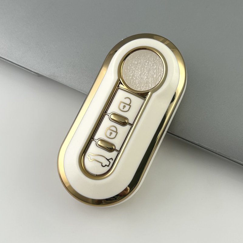 For Fiat 500 3 Buttons TPU Gold Edge Car Flip Folding Key Case Cover Remote Key Shell Holder Keychain Accessories