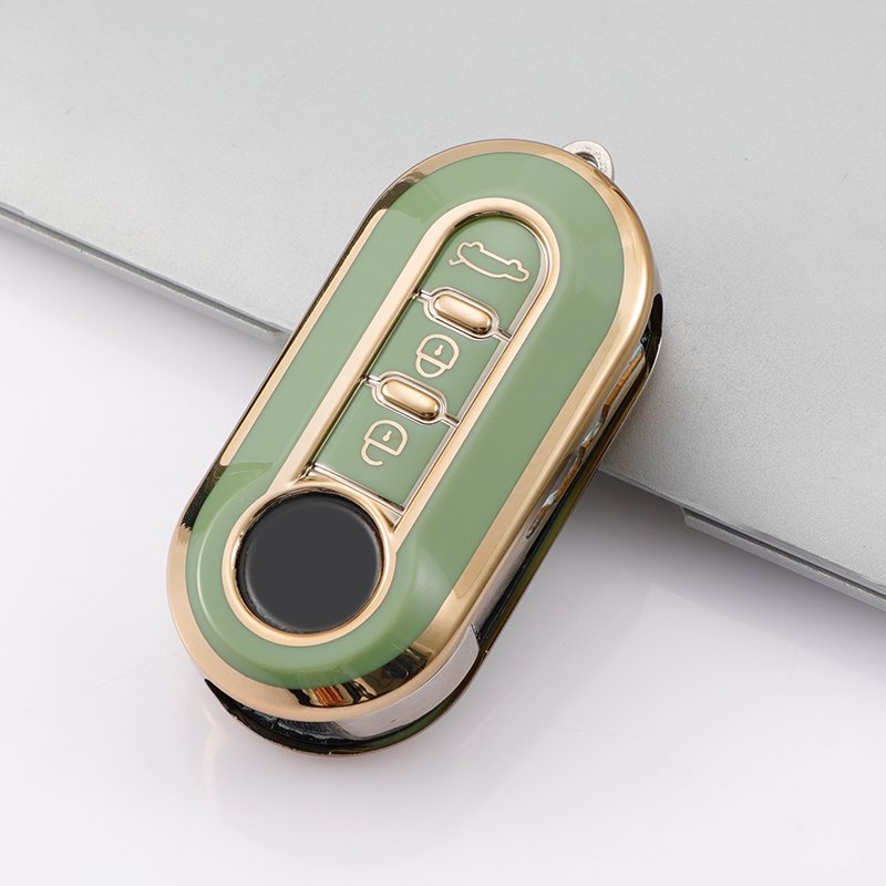 For Fiat 500 3 Buttons TPU Gold Edge Car Flip Folding Key Case Cover Remote Key Shell Holder Keychain Accessories