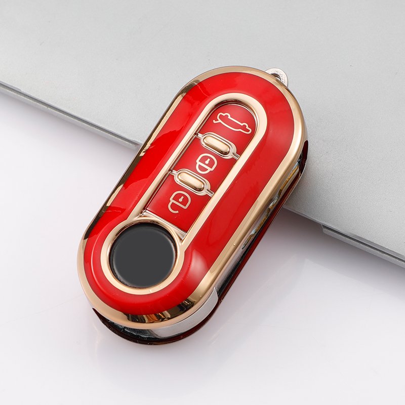 For Fiat 500 3 Buttons TPU Gold Edge Car Flip Folding Key Case Cover Remote Key Shell Holder Keychain Accessories