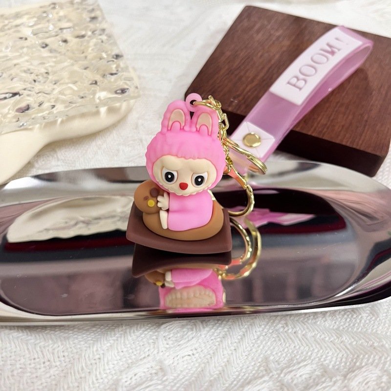 Hot Selling Cartoon Cute Labubu PVC 3D Rubber Wholesale Car Keychain Accessories Promotional Small Gift Doll Pendant