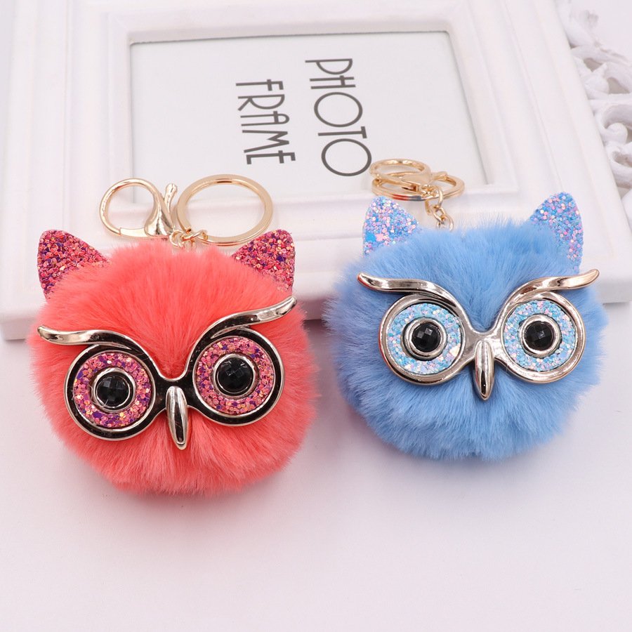 Glitter Owl Fur Ball Keychain Pompom Rabbit Fur Ball Key Chain Fluffy Car Pendant Bag Charm Gift Plush Fur Keychain