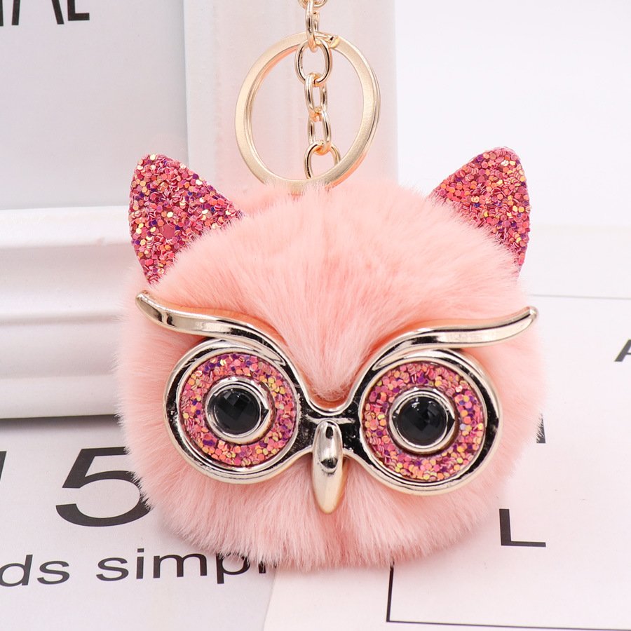 Glitter Owl Fur Ball Keychain Pompom Rabbit Fur Ball Key Chain Fluffy Car Pendant Bag Charm Gift Plush Fur Keychain