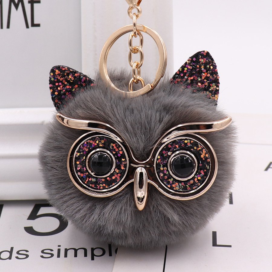 Glitter Owl Fur Ball Keychain Pompom Rabbit Fur Ball Key Chain Fluffy Car Pendant Bag Charm Gift Plush Fur Keychain