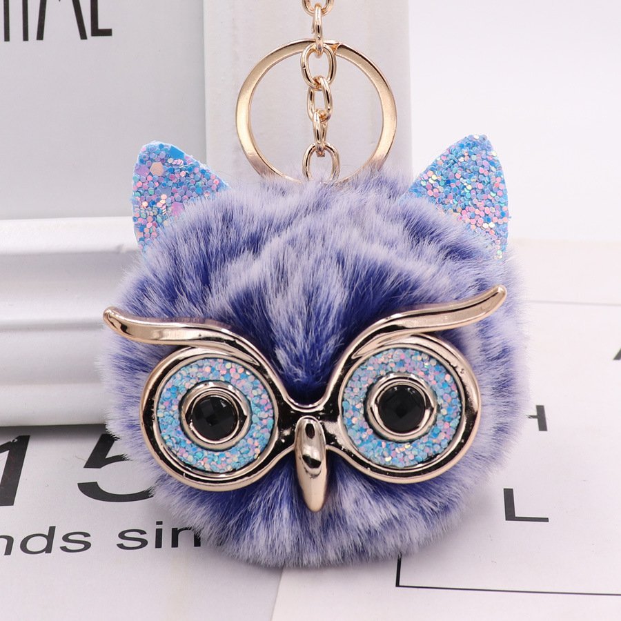 Glitter Owl Fur Ball Keychain Pompom Rabbit Fur Ball Key Chain Fluffy Car Pendant Bag Charm Gift Plush Fur Keychain