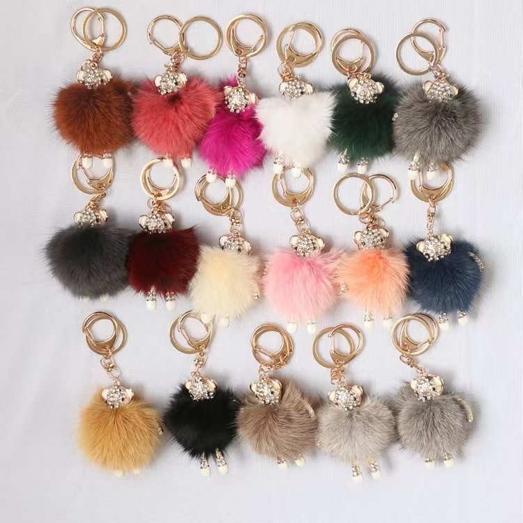 factory direct wholesale decor school bag doll keychain Car Key Accessories cute sign fluffy plushy pom pom keychain