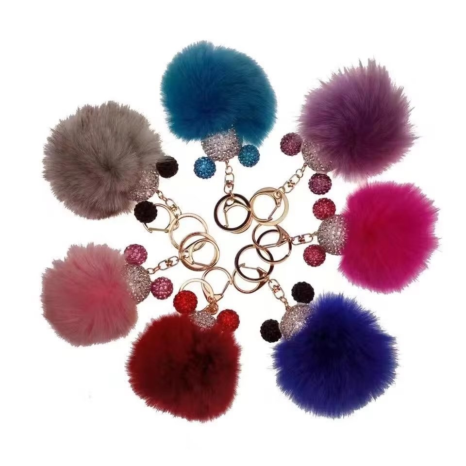 factory direct wholesale decor school bag doll keychain Car Key Accessories cute sign fluffy plushy pom pom keychain
