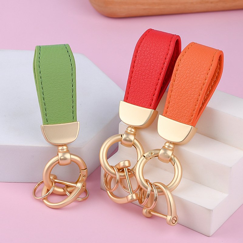 YIYUN Candy Colorful blank Leather Keychains Metal Custom Logo couple key Ring pendant sheepprint cord Leather DIY bag pendant