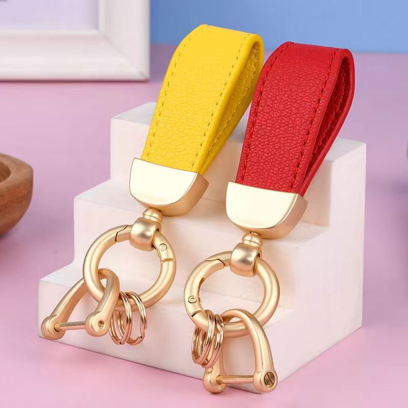 YIYUN Candy Colorful blank Leather Keychains Metal Custom Logo couple key Ring pendant sheepprint cord Leather DIY bag pendant