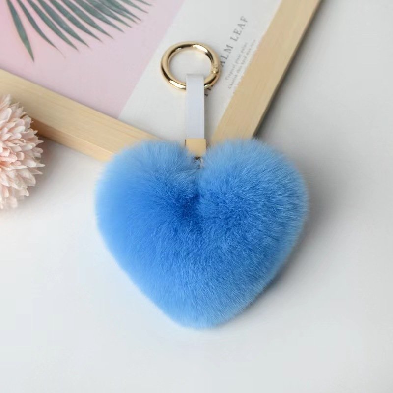 10cm Hot Fluffy Love Heart Pom Pom Keychain Women's Colored Rex Rabbit Fur Metal PU Bag Charm Key Ring Jewelry Accessories