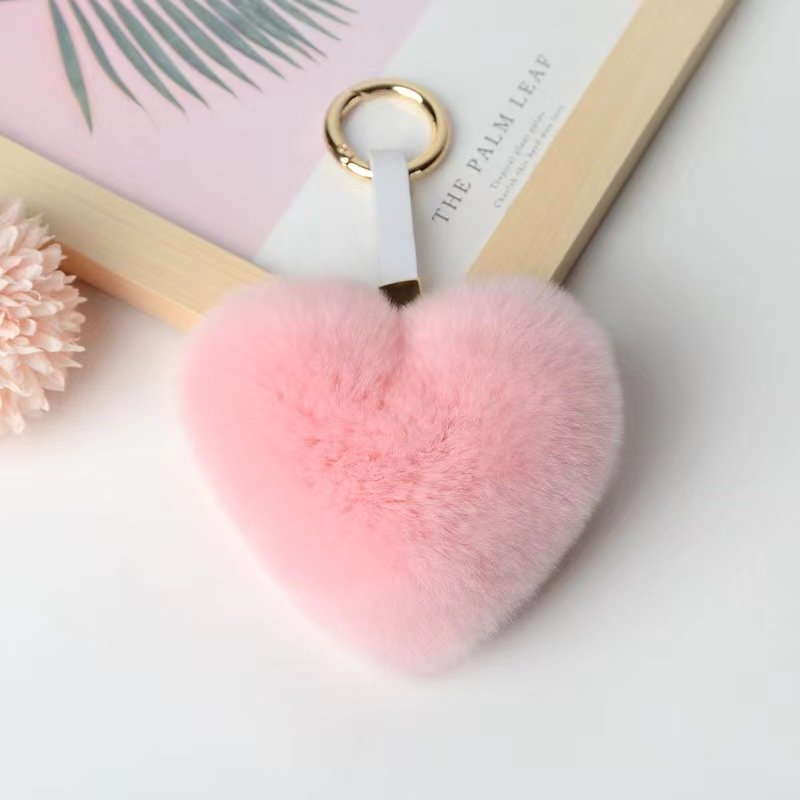 10cm Hot Fluffy Love Heart Pom Pom Keychain Women's Colored Rex Rabbit Fur Metal PU Bag Charm Key Ring Jewelry Accessories
