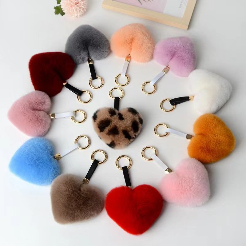 10cm Hot Fluffy Love Heart Pom Pom Keychain Women's Colored Rex Rabbit Fur Metal PU Bag Charm Key Ring Jewelry Accessories