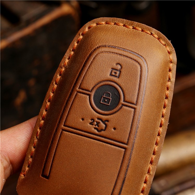 Hot Sale Genuine Crazy Horse Leather Car Key Case Cover for Ford Ecosport Edge Escape Explorer F-150 Accessories with keychain