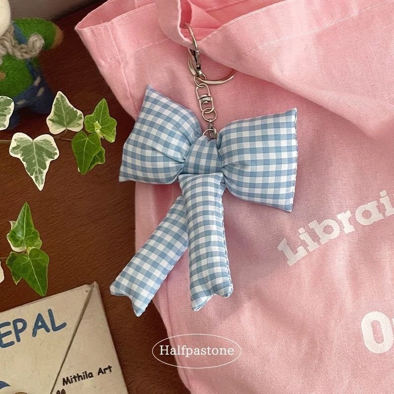 Korean Blue Plaid Bow Car Key Chain Pendant Cute Checkered Backpack Accessories Fashionable Decoration with Bowknot Keychain