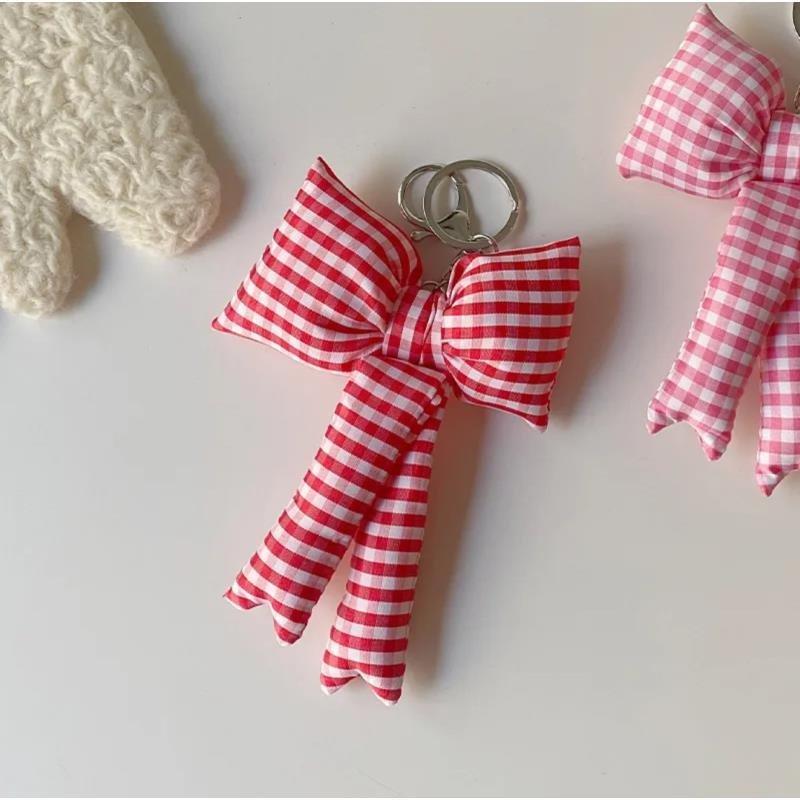 Korean Blue Plaid Bow Car Key Chain Pendant Cute Checkered Backpack Accessories Fashionable Decoration with Bowknot Keychain