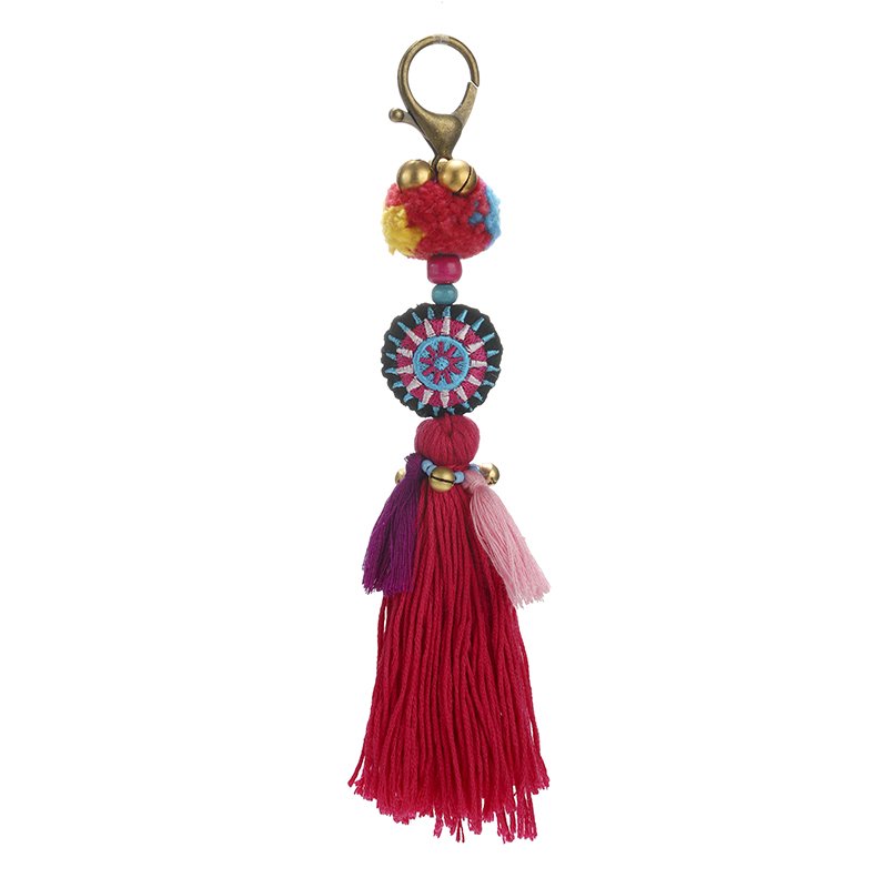 Bohemian style pompom copper bell metal keychain retro tassel car key handbag security keychain
