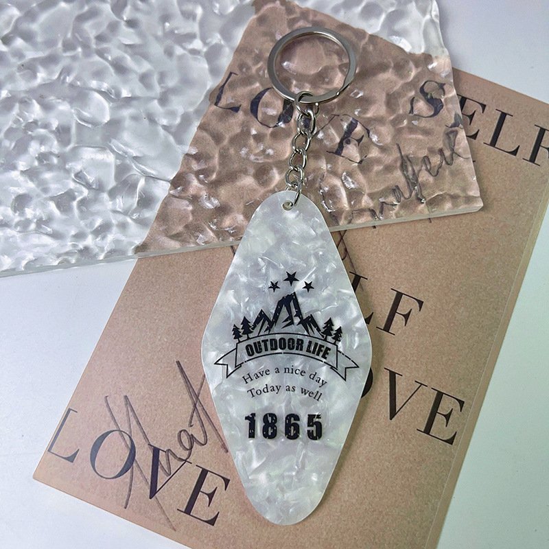 Wholesale Custom Design Hot Stamp Pink Engraved Hotel Retro Glitter Bank Motel Keychain UV Dtf Decal With Acrylic Keychains