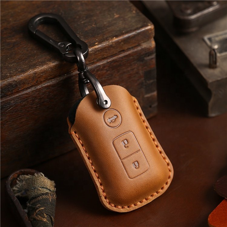 Hand Sewing genuine leather Car Key Case Cover for Toyota Smart Remote 3 Buttons Car Key Fob Case with Keychain