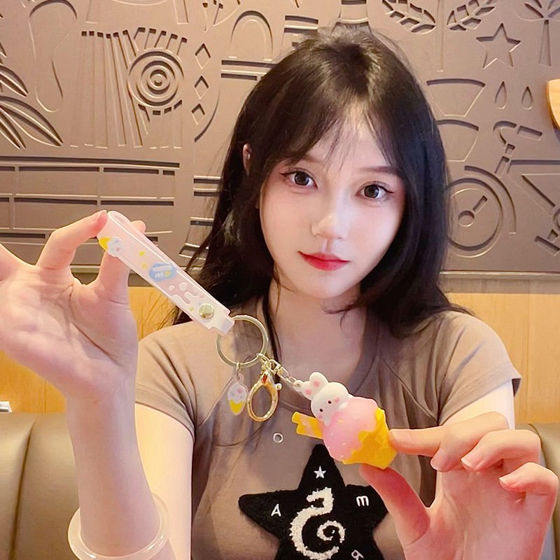 Lilangda Cute Dessert Pink Ice Cream Rabbit Key Chain Girl Heart Sweet Ice Cream Cone Straw Bunny Doll Keychain Bag Pendant Gift