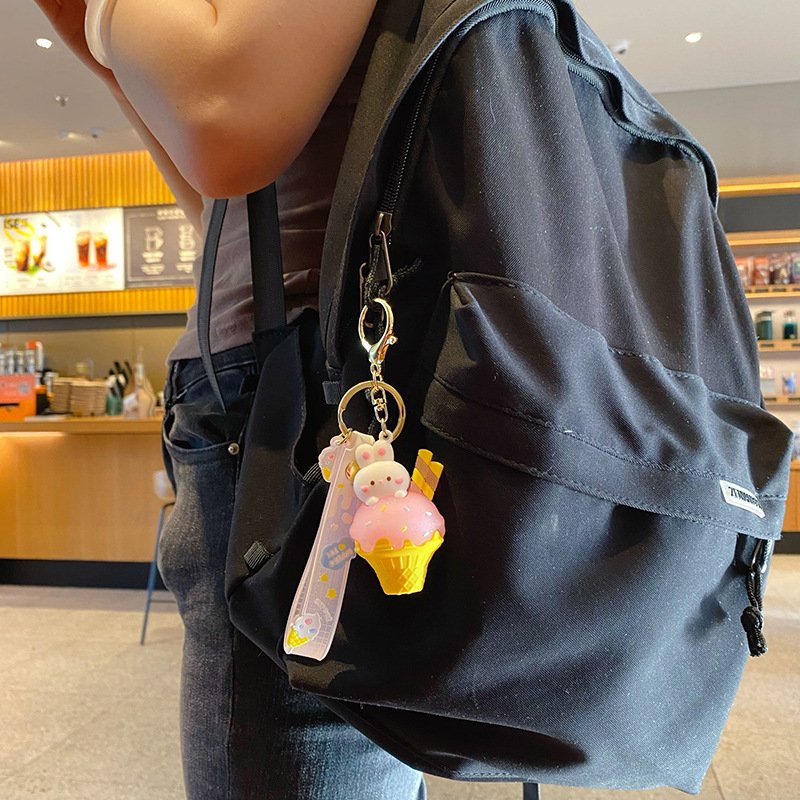 Lilangda Cute Dessert Pink Ice Cream Rabbit Key Chain Girl Heart Sweet Ice Cream Cone Straw Bunny Doll Keychain Bag Pendant Gift